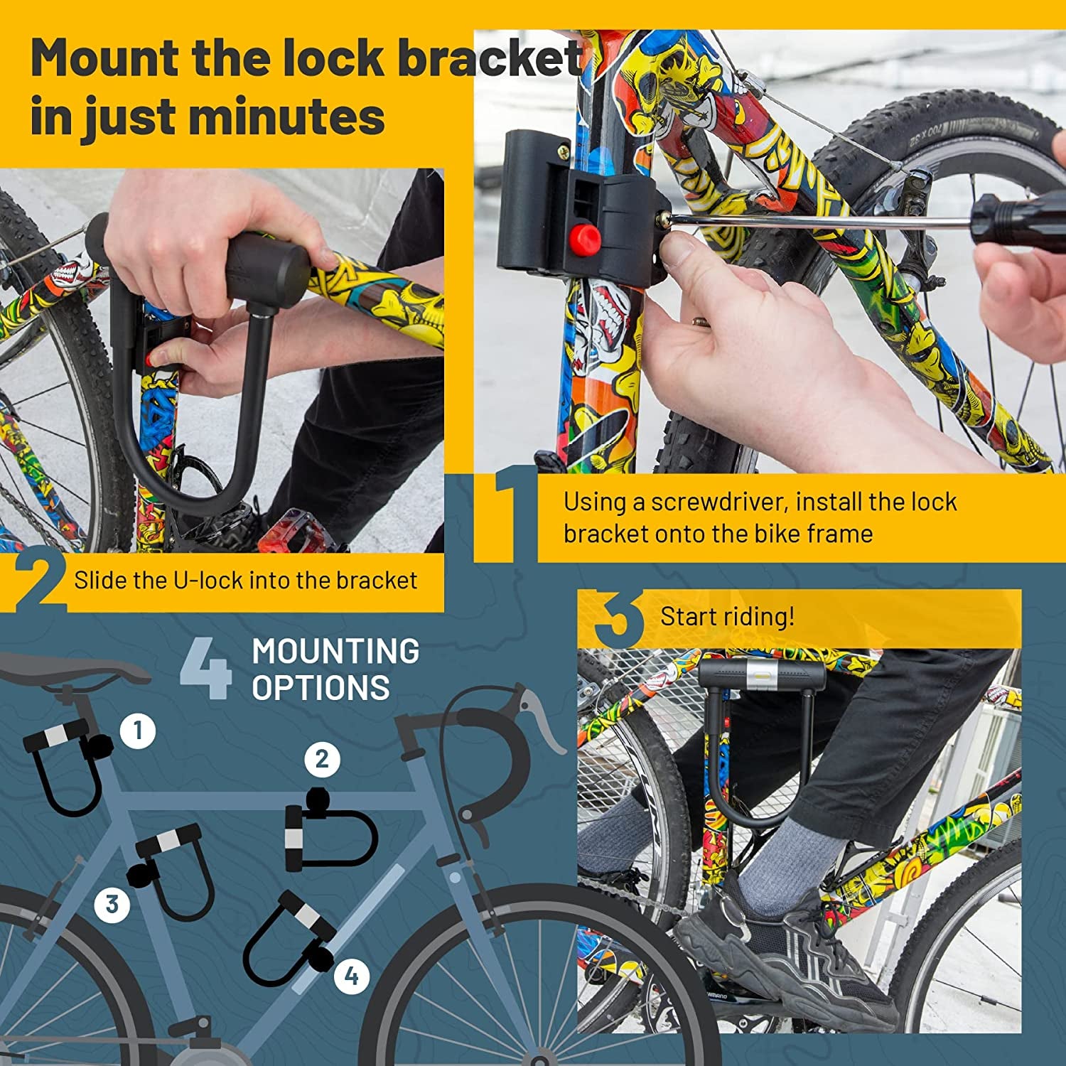 SIGTUNA Bike Lock with Bicycle Lock Mount Holder, High Security Bike Locks,  16mm Heavy Duty U-Lock Shackle and 1200mm Steel Chain Cable Bike Locks Plus  3 Keys 