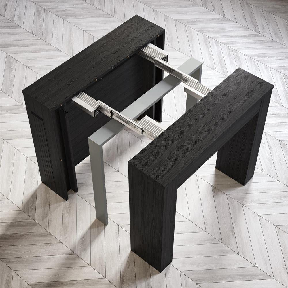 , Easy, Extendable Console Table with Extension Leaves Holder, Ashwood Black, Laminate-Finished/Aluminium, Made in Italy