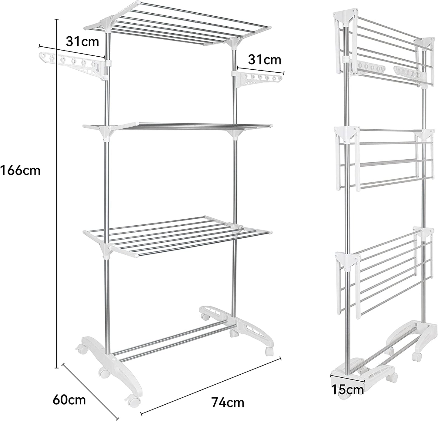 Clothes Airer Drying Rack Extra Large 3 Tier Clothes Drying Rail Stainless Steel Folds Flat for Easy Storage