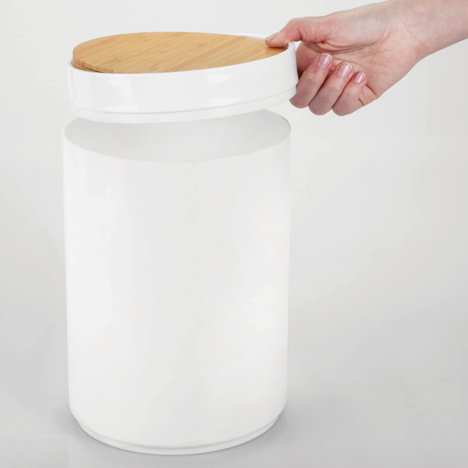 Swing Lid Bathroom Bin - Bamboo and Plastic Rubbish Bin for Bathroom - Small Trash Can - Bamboo and White