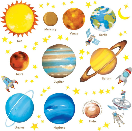 DW-1307 Planets in the Space Kids Wall Stickers Decals Peel and Stick Removable for Nursery Bedroom Living Room Art Murals Decorations