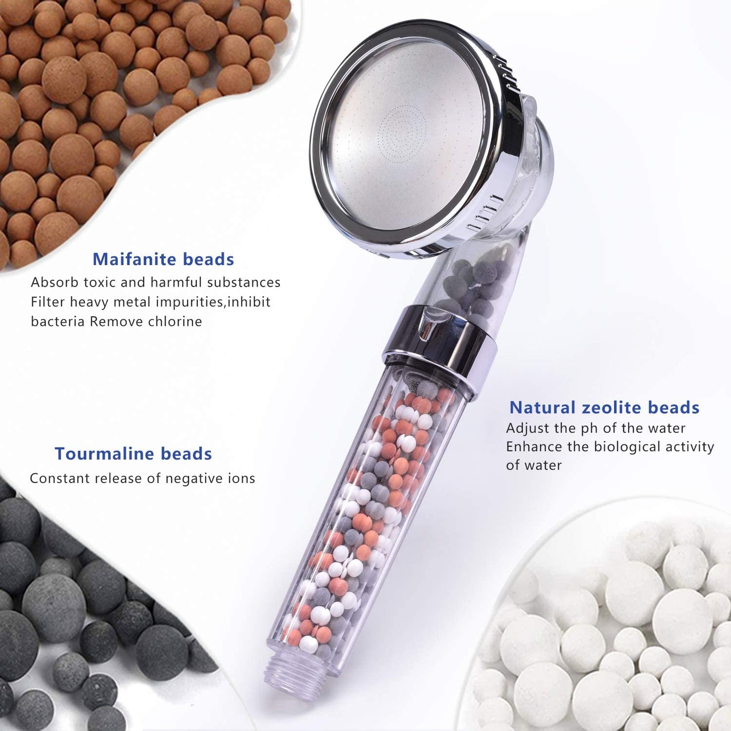 Shower Head, Ionic Shower Head with 2M Shower Hose, Filter Shower Head for Hard Water to Increase Pressure 3 Modes Spray Function Contains Extra Replaceable Filter Beads