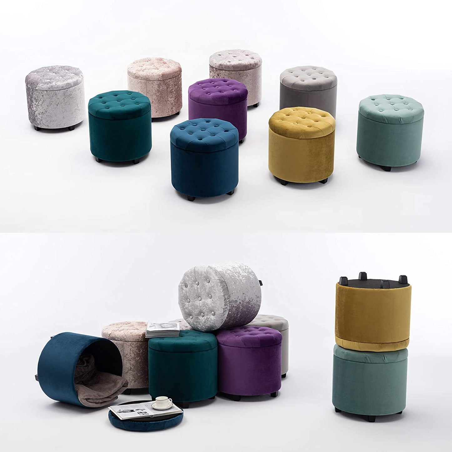 45Cm round New Velvet Padded Seat Ottoman Storage Stool Box, Footstool Pouffes Chair with Lids (Teal, Velvet)