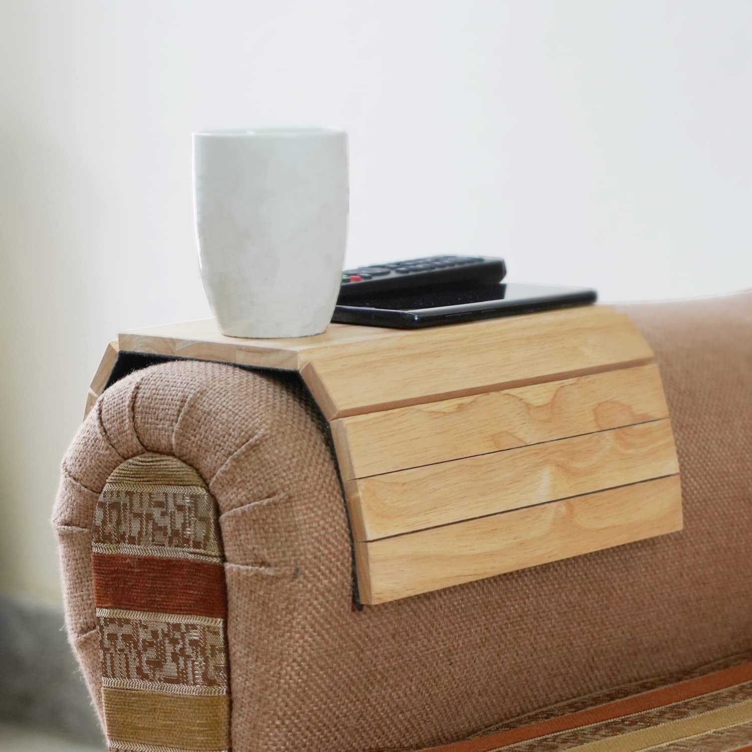 Sofa Arm Tray Foldable Wooden Armrest Tray Sofa Organiser for Drinks, Snack, Magazine, and Remote - Square Couch Protector Laptop and Tablet Holder