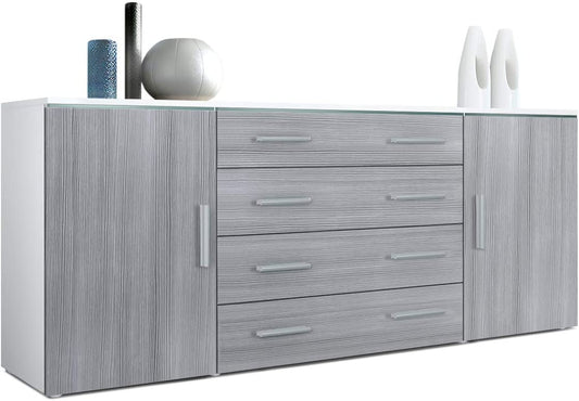 Faro V2 Sideboard, Cabinet with 2 Doors and 4 Drawers, White Matt/Avola-Anthracite (166 X 72 X 35 Cm)