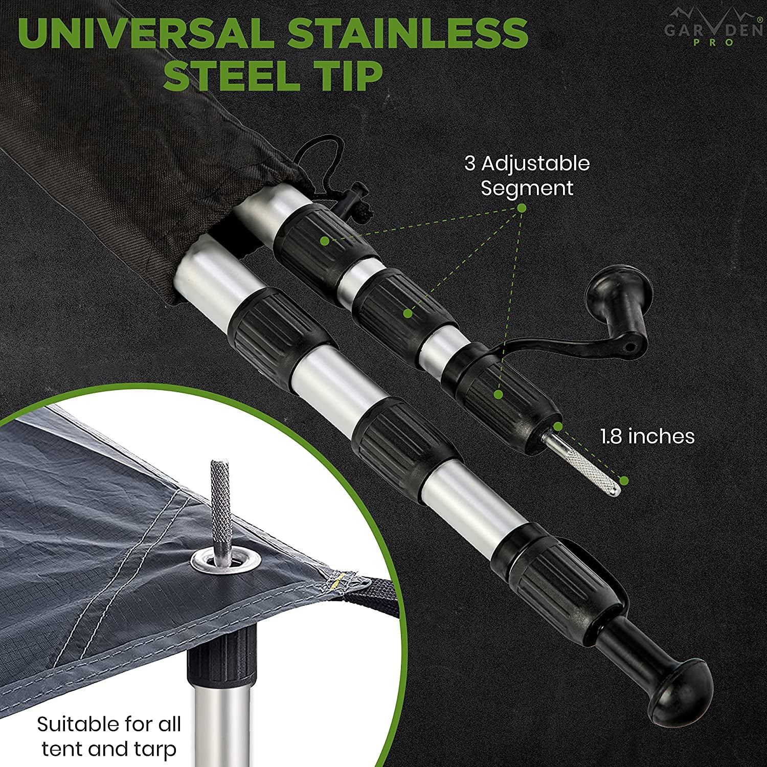 Set of 4 Telescoping Tarp Poles | Replacement Canopy Adjustable Aluminum Rods, Portable & Lightweight for Tent Fly, Awning, Outdoor Camping, Hiking, Backpacking & Rainfly + 6 Pegs & 6 Reflective Ropes