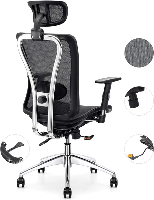 Ergonomic Mesh Office Chair, High Back Desk Chair with Adjustable Lumbar Support, PU Armrests and Mesh Headrest and Seat(Cd-874Mh)