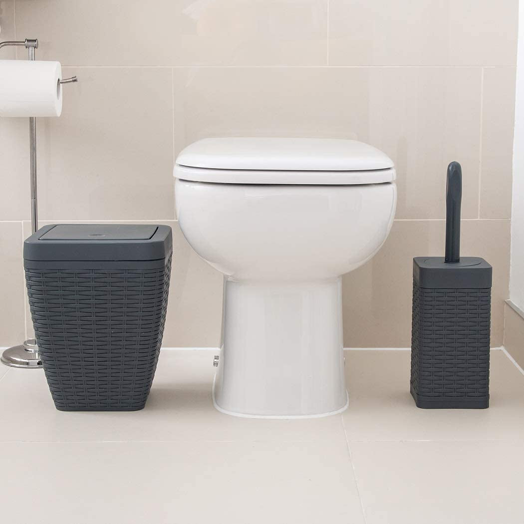 517487 Faux Rattan Square Bathroom Set Includes Swing Bin and Toilet Brush, Charcoal Grey, Bin & Toilet