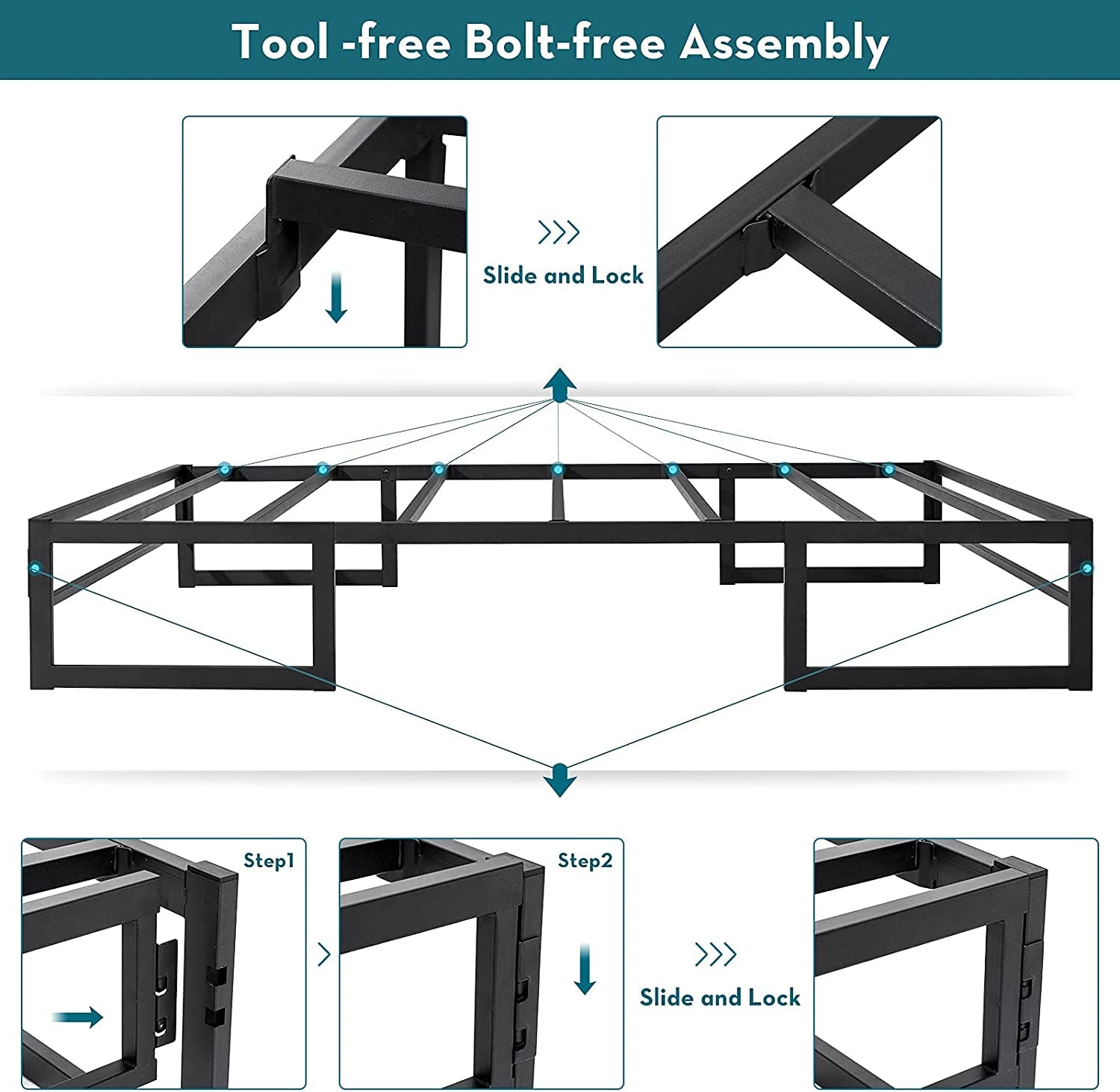 Double Bed Frame Base 31.5Cm Metal Platform Mattress Foundation Frames No Box Spring Needed Heavy Duty Steel Slat Support Underbed Storage Space Noise Free Non-Slip Easy Assembly, 191X137Cm