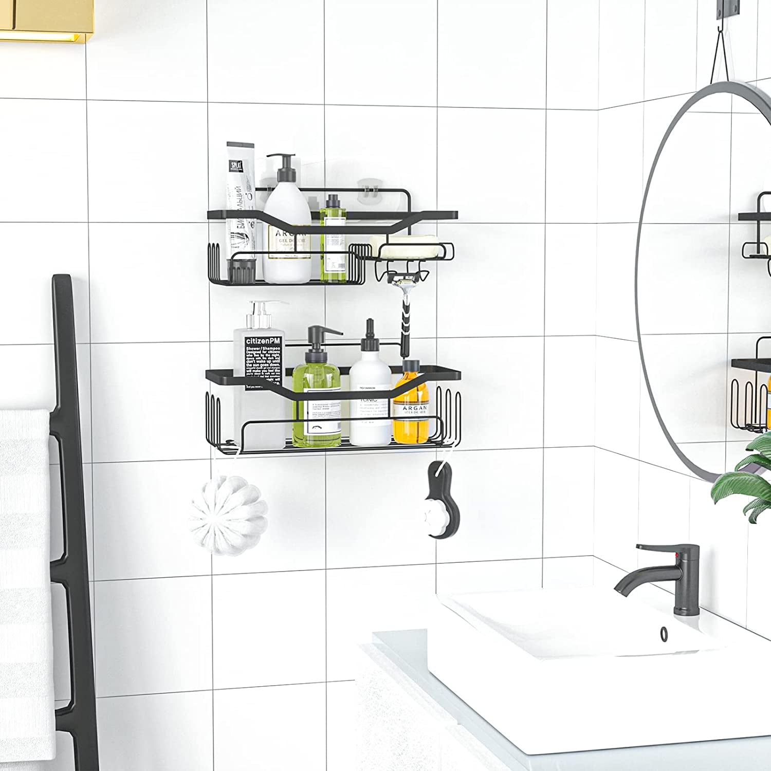 Bathroom Storage Shower Shelves, Shower Caddy with 11 Hooks, Bathroom Shelf with Razor Holder,Soap Dish,Towel Hook Bathroom Organiser, Bathroom Accessories Black,3 Sticker,2 Pcs