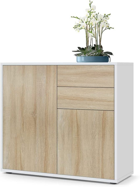 Ben Sideboard, Cabinet with 2 Doors and 2 Drawers, White Matt/Rough-Sawn Oak (79 X 74 X 36 Cm)