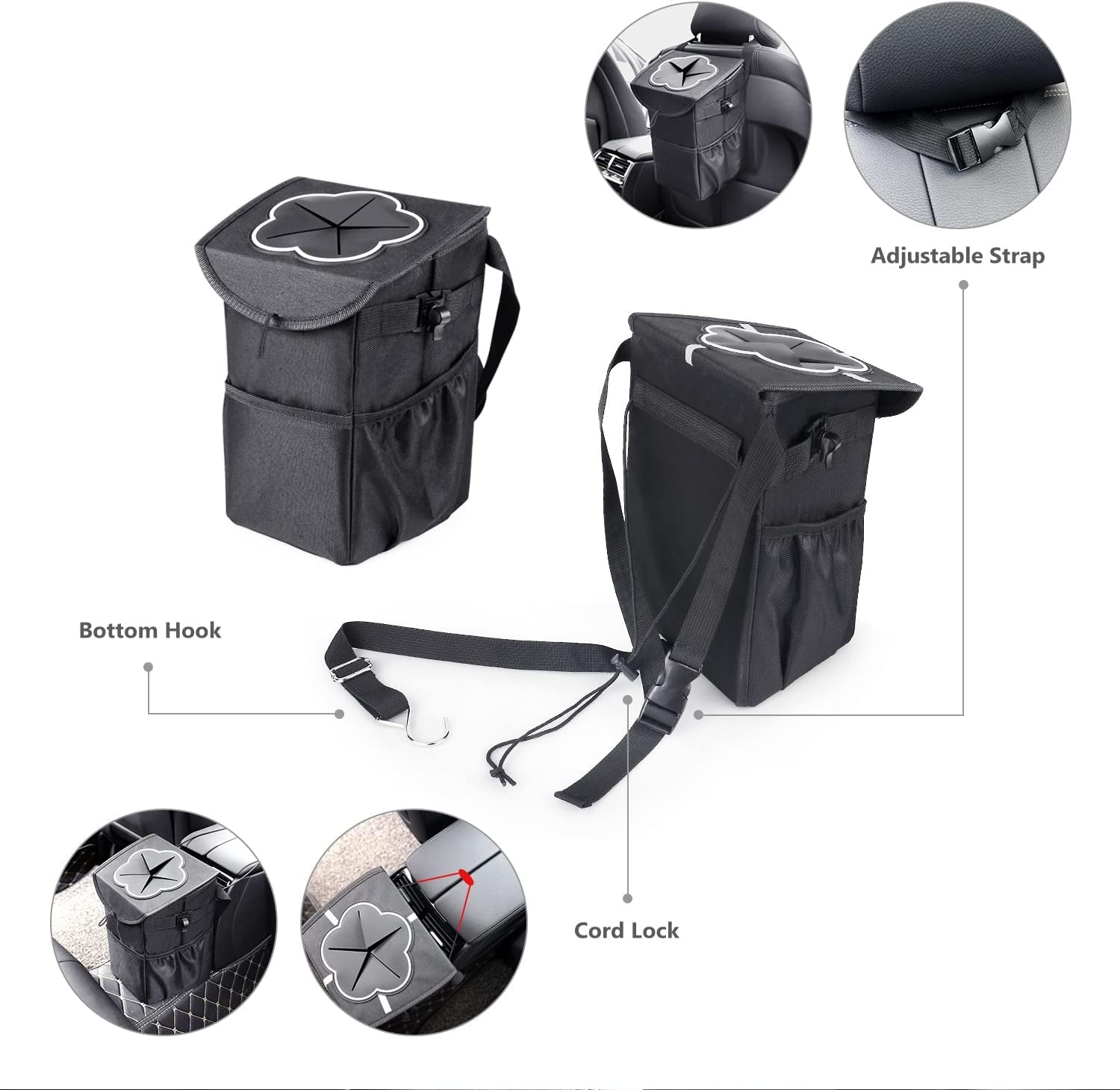 Car Bin, 10L Car Rubbish Bin with Lid, Foldable and Waterproof Liner, Portable Car Trash Can Oxford Cloth Side Pockets for Headrest or Seats, Car Boot Storage Bag for SUV Truck Minivan Auto