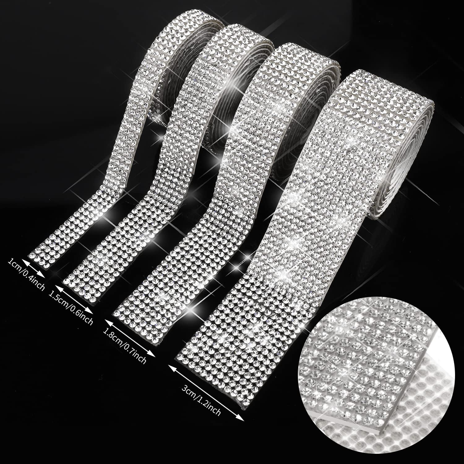 4 Rolls Silver Rhinestones Diamond Ribbon, 3.6Yard Strip Self-Adhesive Crystal Bling Home Accessories Photo Strip Stickers on Gems Glitter Wallpaper for Bedroom Clothes Party Phone DIY Crafts Decorate