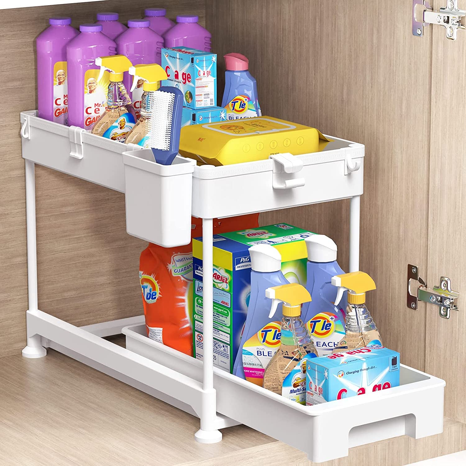 under Sink Storage Shelf,2 Tier Slide Out under Cabinet Basket Drawer,Multi-Purpose Slim Organizer for Kitchen Bathroom,Bottom Slide Out Basket,40X22X31Cm,White