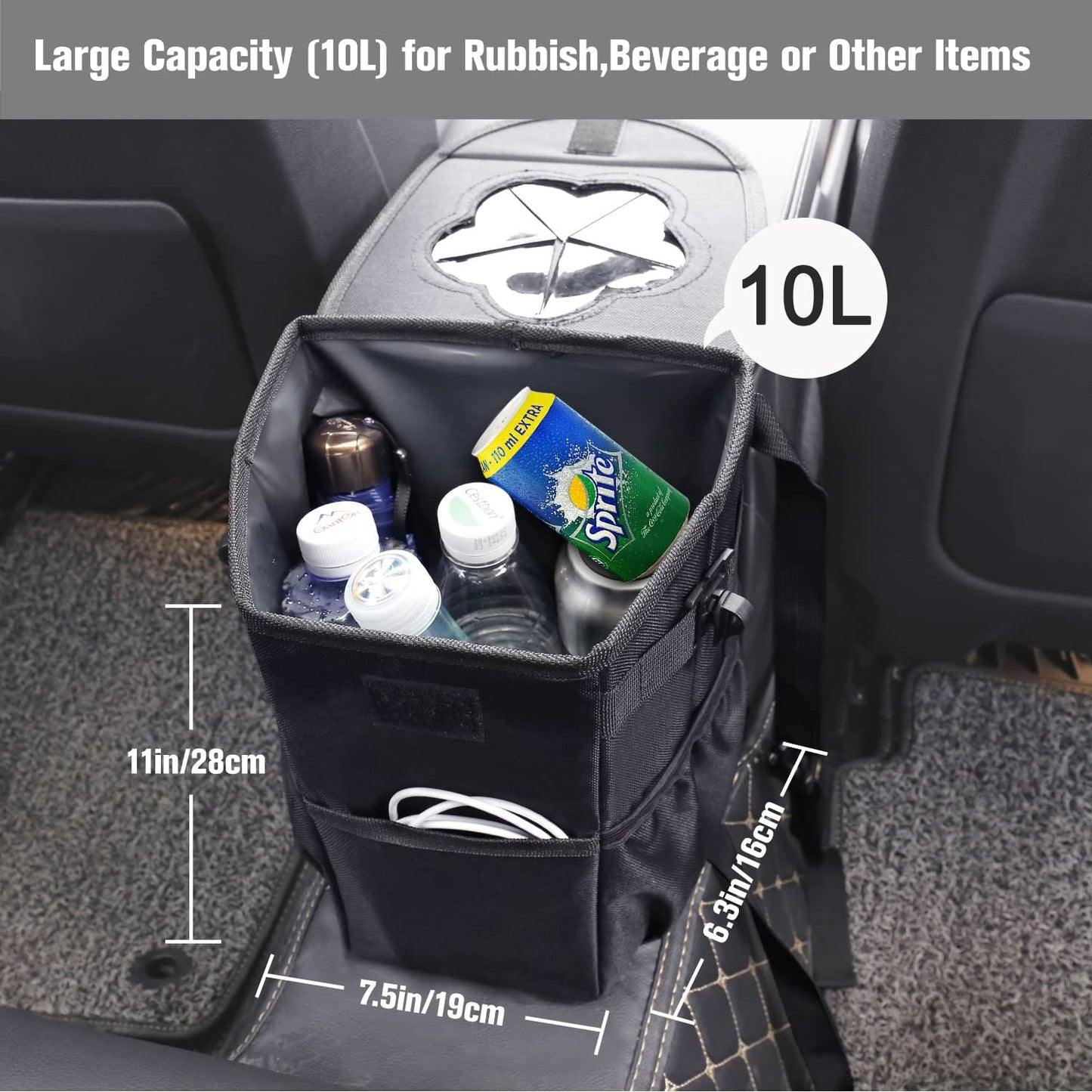 Car Bin, 10L Car Rubbish Bin with Lid, Foldable and Waterproof Liner, Portable Car Trash Can Oxford Cloth Side Pockets for Headrest or Seats, Car Boot Storage Bag for SUV Truck Minivan Auto