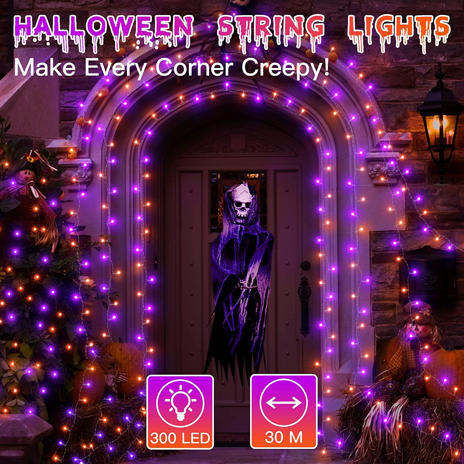 Ollny Halloween Decorations Lights Outdoor - 30M 300 LED Christmas Fairy Lights Plug-In Waterproof with 8 Light Modes/Timer Purple and Orange String Lights for Indoor/Outside/Garden/Tree/Window/Party