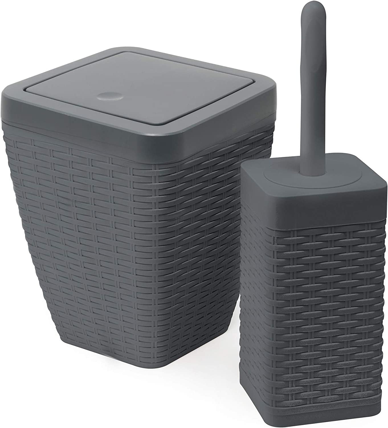 517487 Faux Rattan Square Bathroom Set Includes Swing Bin and Toilet Brush, Charcoal Grey, Bin & Toilet