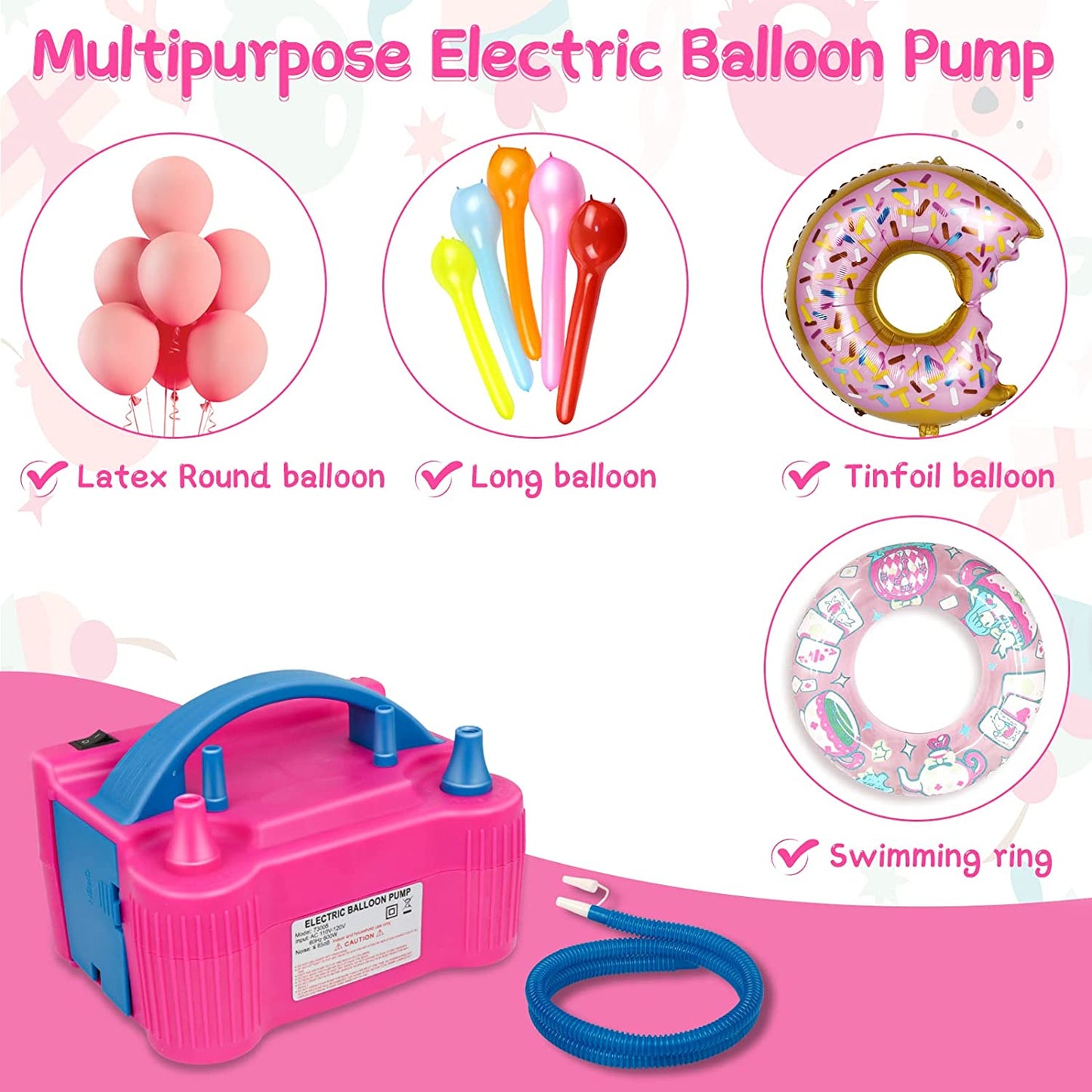 Aerwo Balloon Pump Electric Air Inflator Pump,Ac220V-240V 600W Portable Dual Nozzle Electric Balloon Pump with 100 PCS Balloons, Tying Tool and Balloon Arch Kit for Party Birthday Wedding Decoration