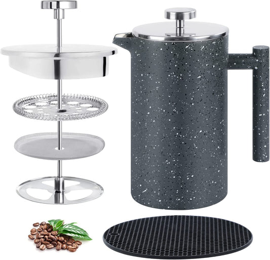 Cafetiere 34Oz/8Cup French Press Coffee Maker Double Walled Insulated Coffee Press with 304 Food Grade Stainless Steel and Unique 3 Layered Filtration System for Good Coffee in Home and Office.