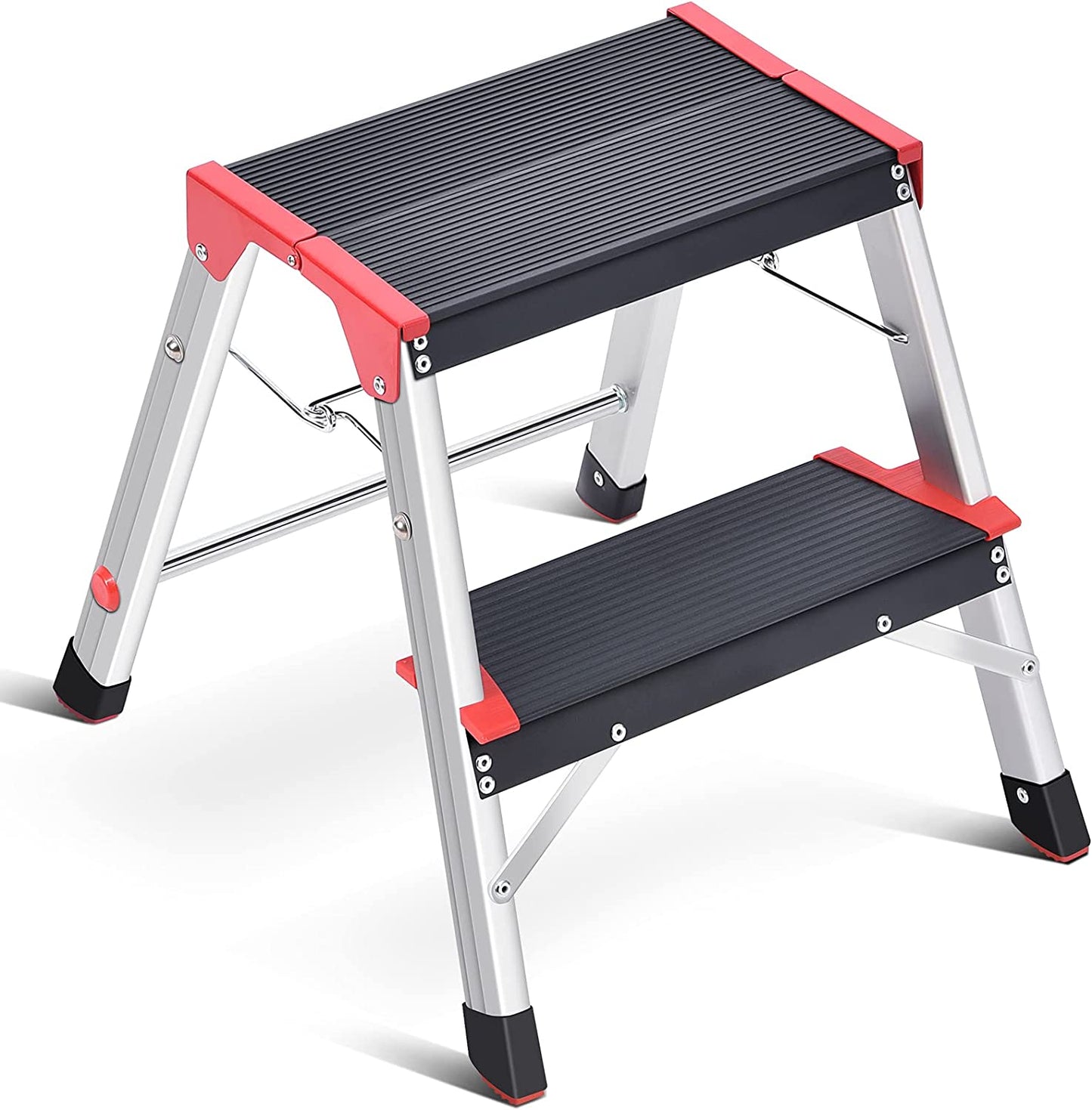 Aluminum Step Ladder 2 Step, Lightweight Step Stool with Widened Platform, Multi Purpose and Anti-Slip Folding Step Stool, Maximum Load 150 Kg, Red