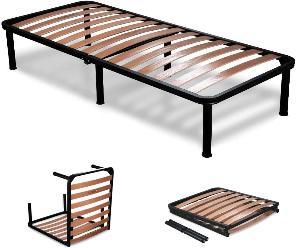 EVERGREENWEB – Folding Bed Frame with Strong Iron Frame and Beech Wood Slats Orthopedic Bed Base FULLY ASSEMBLED + 6 Legs for All Mattresses & Pillows, 100% ITALIAN (90 X 190 Cm, Bed Base)