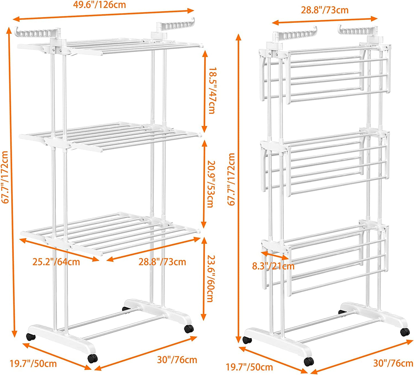 Airer Clothes Drying Rack ,4-Tier Foldable Clothes Hanger Adjustable Large Stainless Steel Garment Laundry Racks for Indoor Outdoor ,White