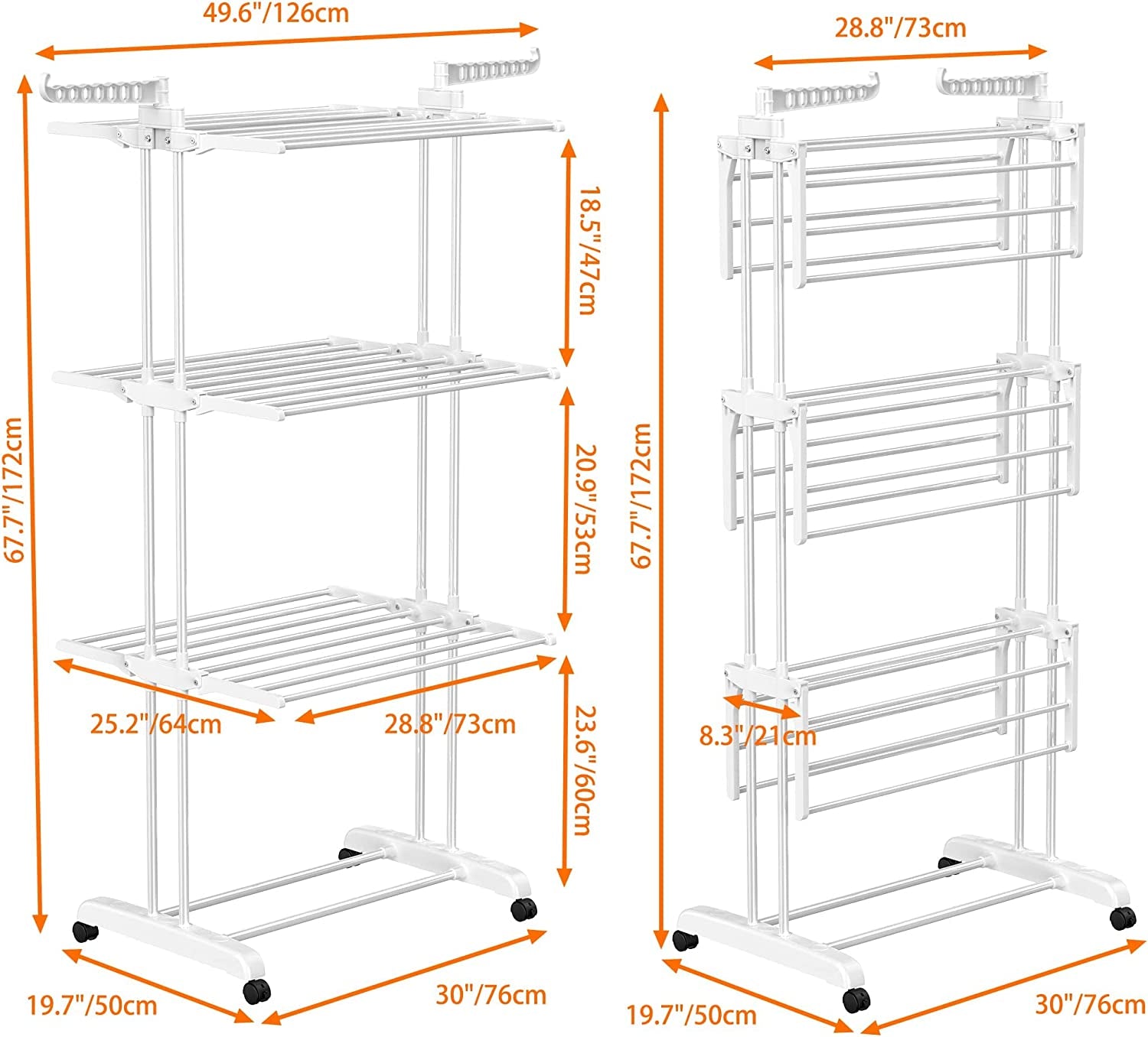 Airer Clothes Drying Rack ,4-Tier Foldable Clothes Hanger Adjustable Large Stainless Steel Garment Laundry Racks for Indoor Outdoor ,White