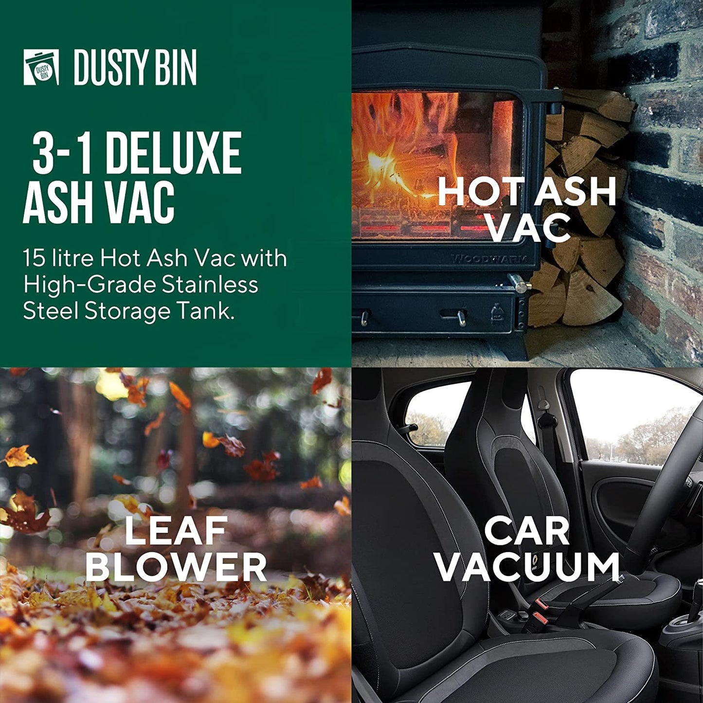 Ash Vacuum Cleaner - 3 in 1 Hot Ashes Vac for Fireplace, Wood Burning Stove, Log Burner, BBQ, Fire Pit, Bagless Outdoor Car Dirt Cleaning, Blow Function & Hepa Filter, Large 15L Canister