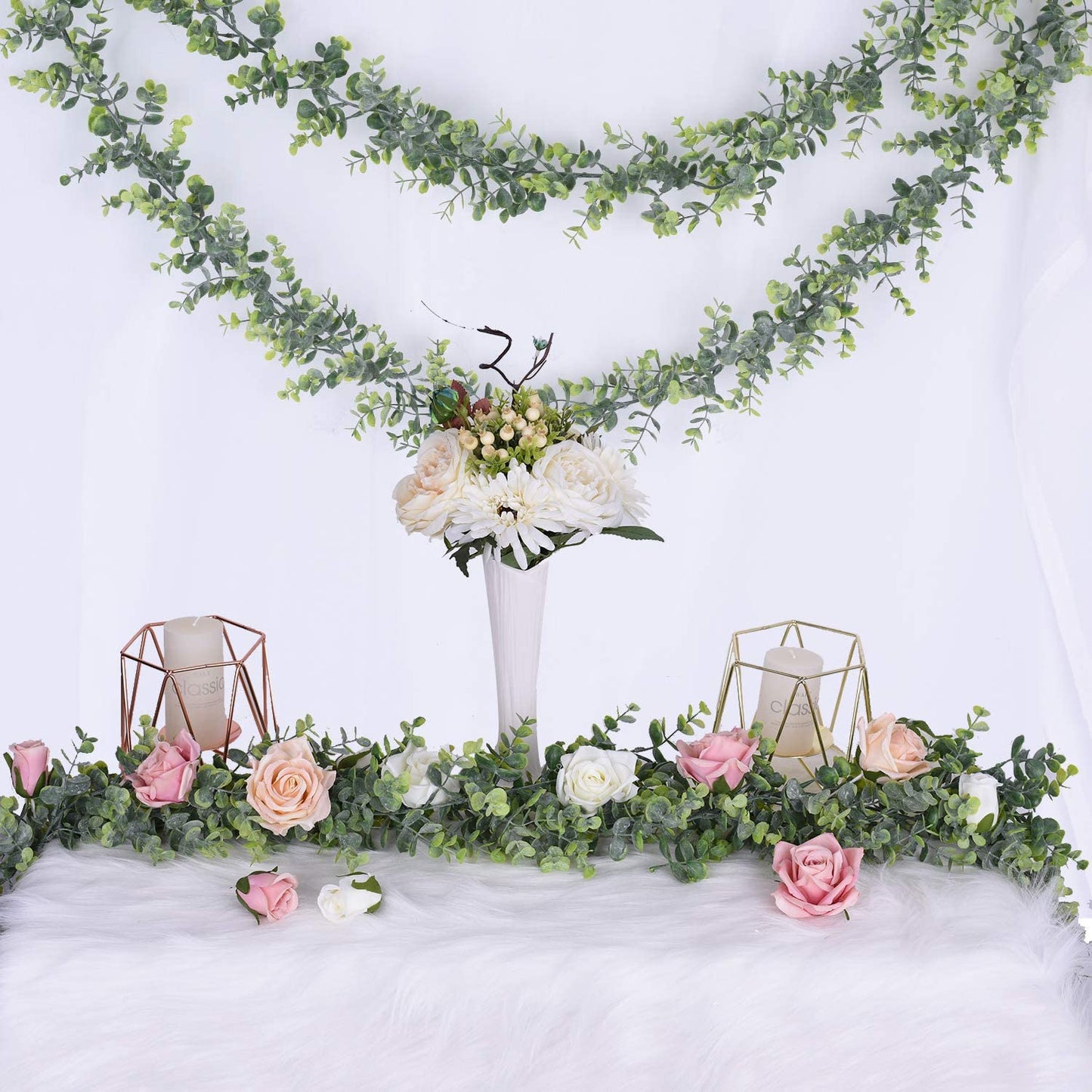 2 Pcs Artificial Eucalyptus Garland Faux Eucalyptus Leaves Vines Handmade Plastic Garland Greenery Hanging Plant Wedding Arch Wall Table Party Decor