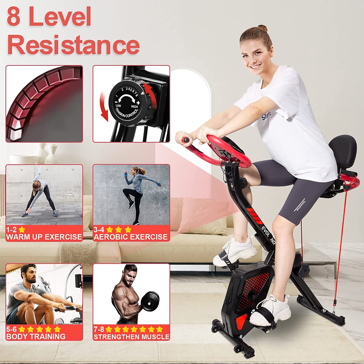 Exercise Bike with 8-Level Adjustable Resistance, Foldable Indoor Trainer Fitness Bike, with Pulse Rate Sensor| LCD Monitor| 2X 1Kg Dumbbells, 265LBS Max Load for Home Use Workout Bike