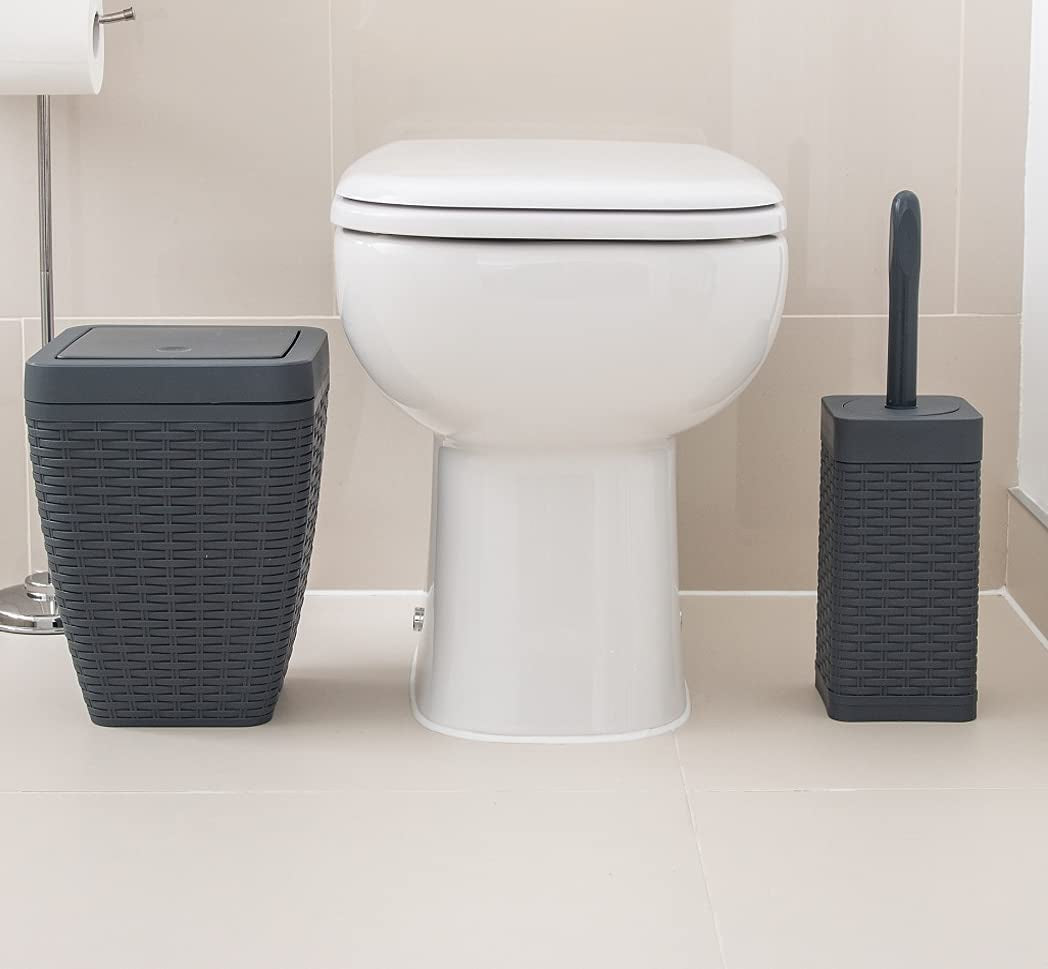 517487 Faux Rattan Square Bathroom Set Includes Swing Bin and Toilet Brush, Charcoal Grey, Bin & Toilet