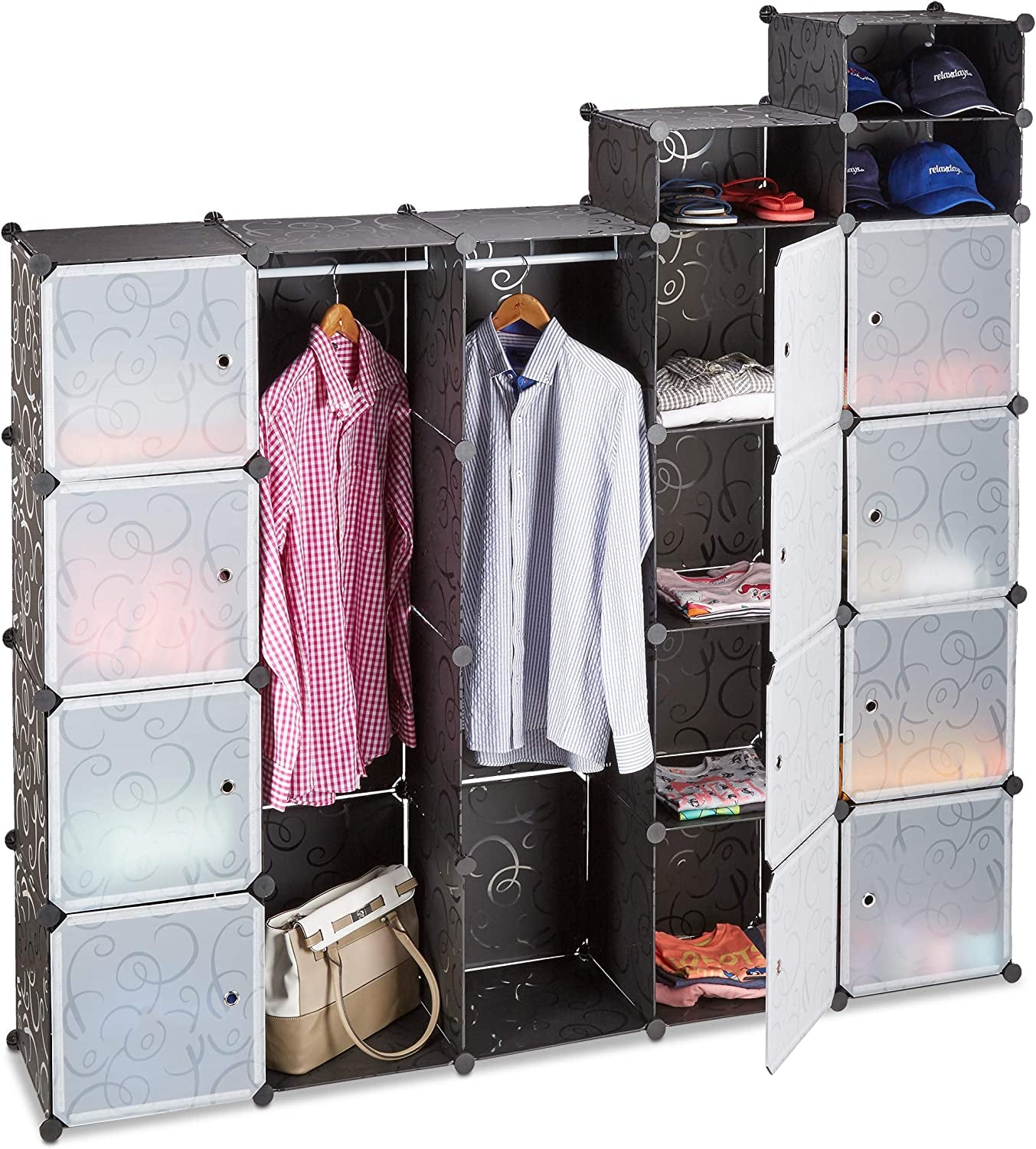 Modular Wardrobe, 18 Compartments, Plastic Closet, Shoe Cabinet 145X200 Cm, Black, 36.5 X 145 X 198 Cm
