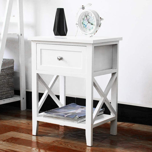 Bedside Table with Shelf and Drawer White Nightstand for Bedroom Wooden Cabinet Side Table Storage Unit Small Console Table for Living Room, 40X30X52Cm, G971W