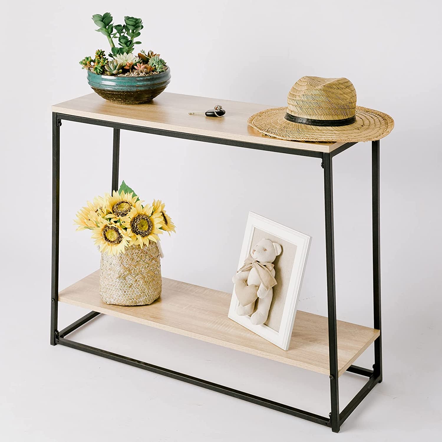 2 Shelf Console Table for Narrow Entry, Hallway or Sofa with Black Metal Frame