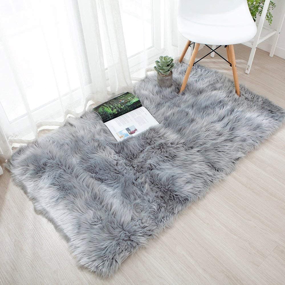 Fluffy Sheepskin Rug Soft Area Rugs Sofa Mat Cover Floor Carpet Pad for Bedroom Grey 60 X 90 CM