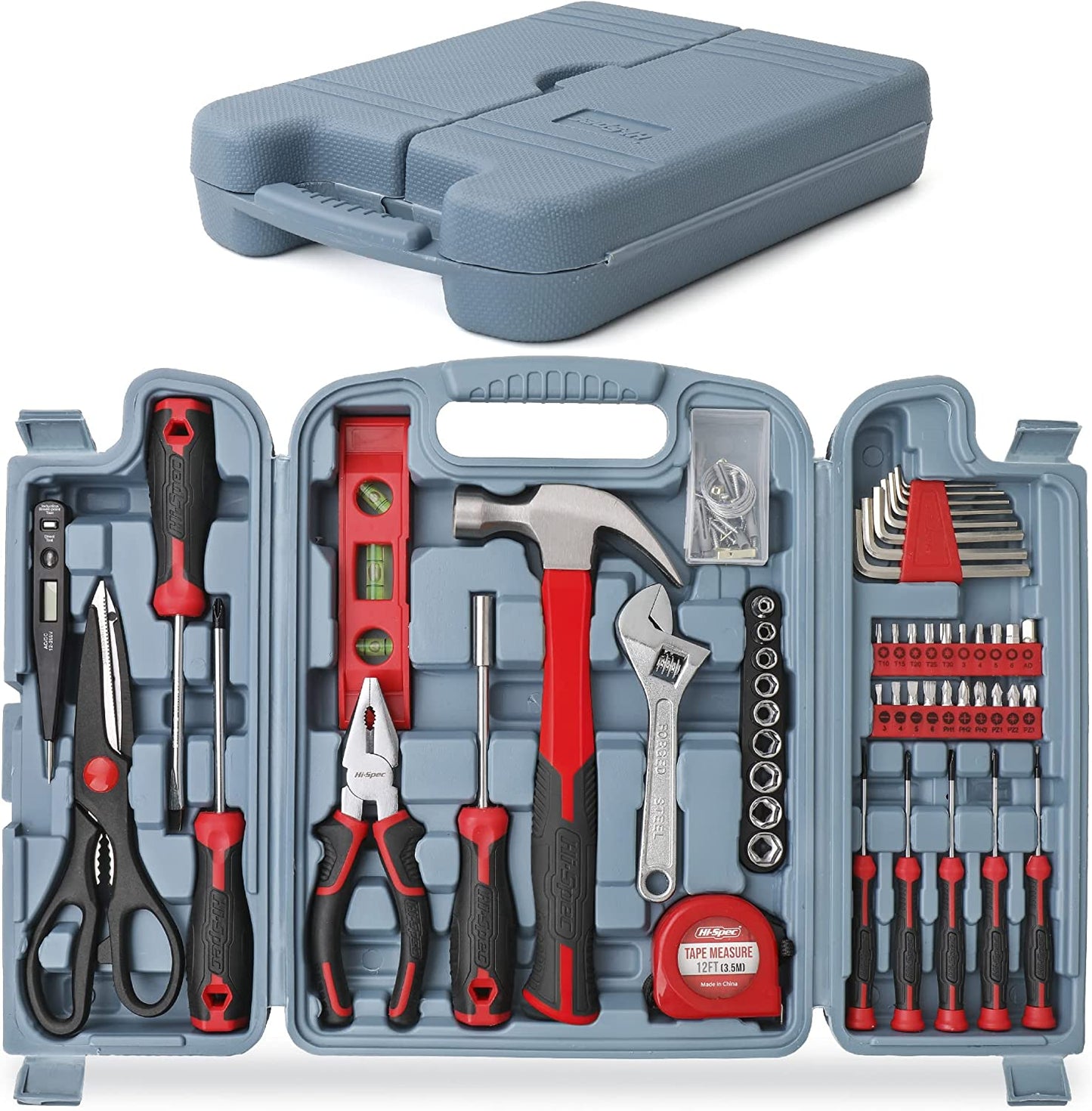 54 Piece Red Home & Office Tool Kit Set. General DIY Repair & Maintenance Hand Tools with Hammer, Pliers, Screwdriver & Hex Key Sets. Complete in a Storage Box Carry Case