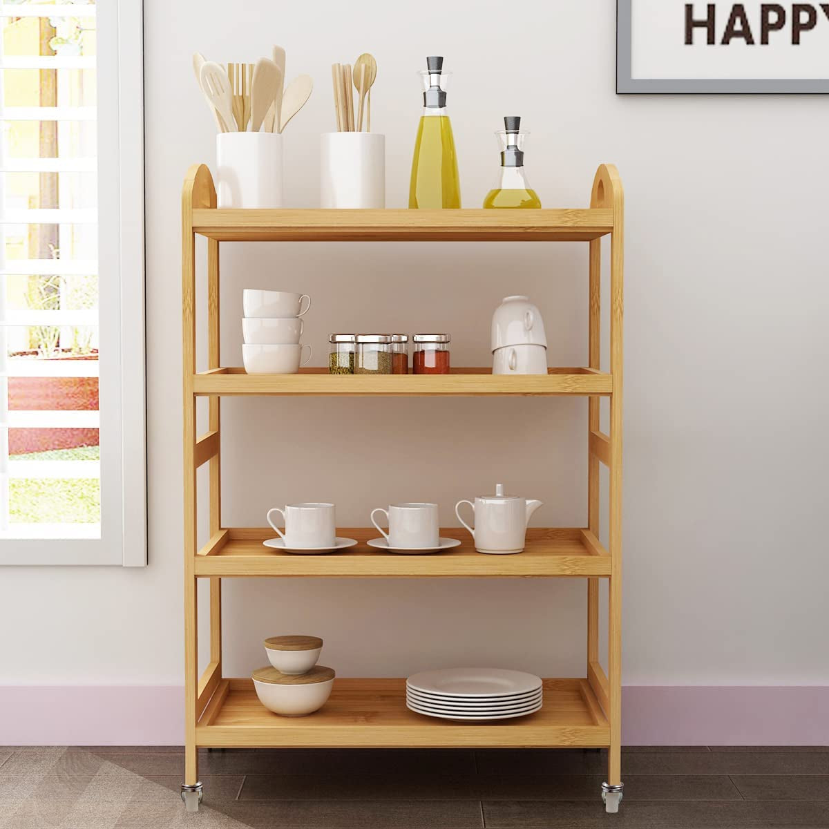 Bamboo Kitchen Serving Trolley Cart 4 Tier Kitchen Storage Rack Serving Trolley on Wheels Restaurant Storage, KS-ZC07-BH