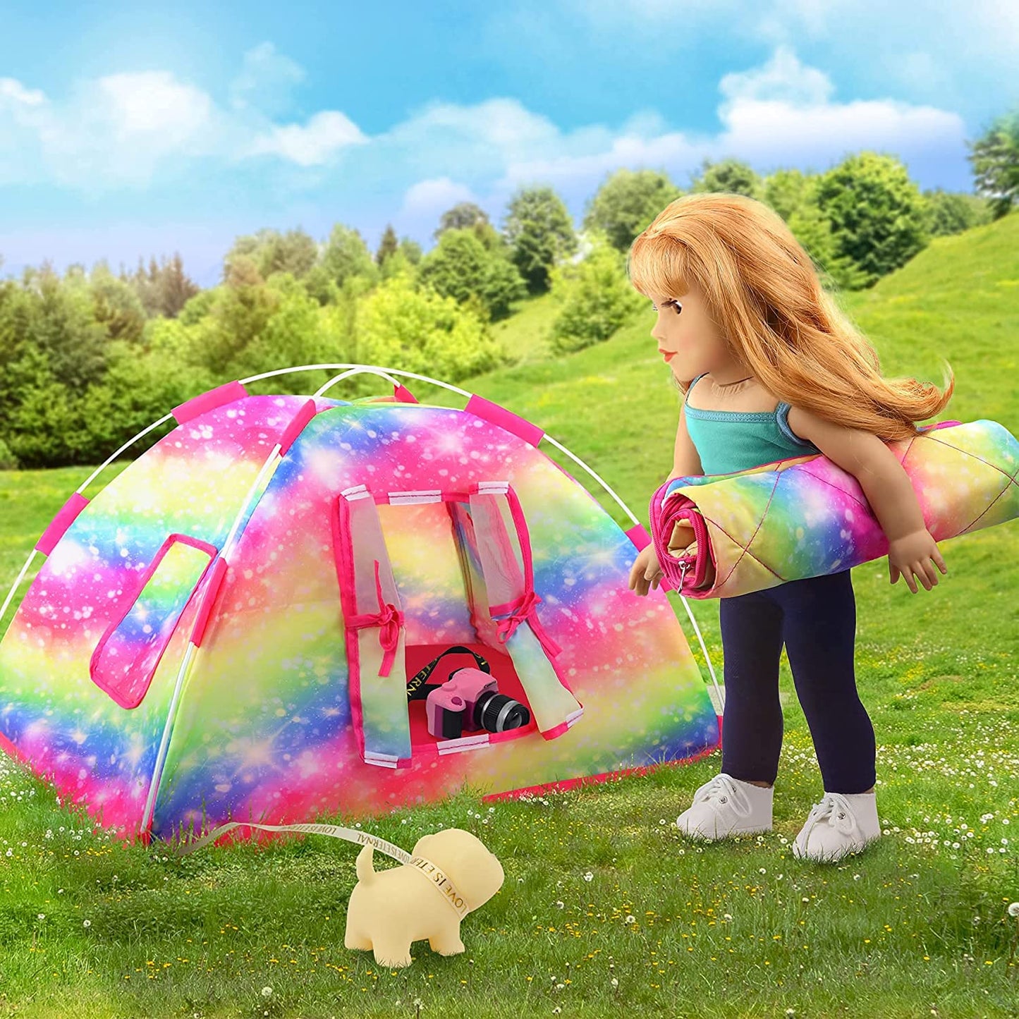ZITA ELEMENT  Items Fashion Doll Camping Tent Set for American 18 Inch Girl Doll Accessories Sleeping Bag, Clothes Set, Shoes,Camera, Eye Glasses and Toy Dog(Doll Is Not Included)