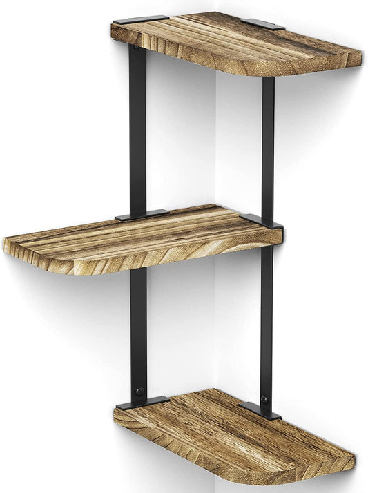 Corner Shelf, 3 Tiers Rustic Wood Floating Shelves for Bedroom, Living Room, Bathroom, Kitchen and Office Etc, Carbonized Black