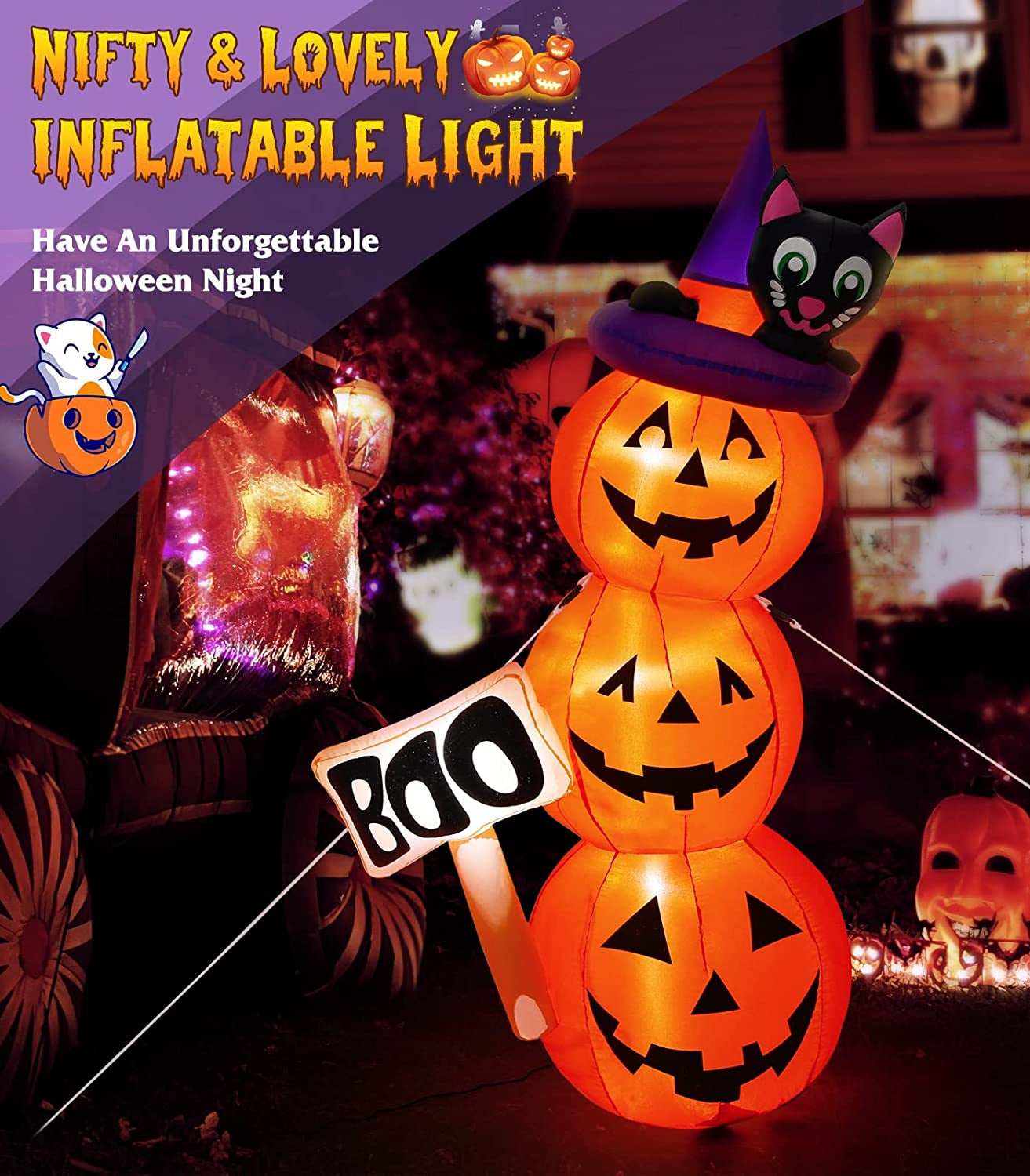 Halloween Inflatable Decoration, 5Ft/1.5M Cute Pumpkins Lamp with Witch Hat Cat Build-In LED Light up Home Yard Garden Lawn for Indoor Outdoor Holiday Party