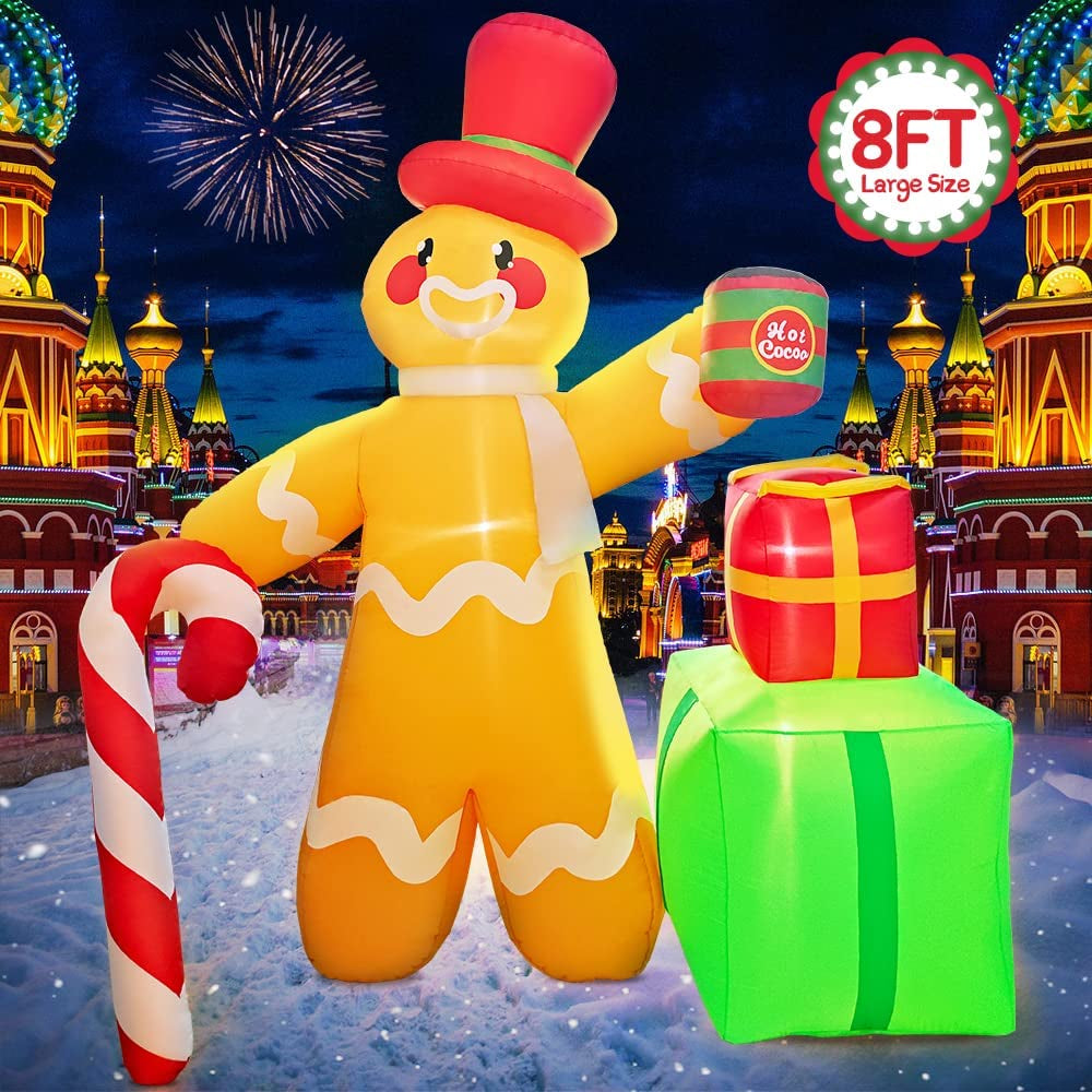 8FT Christmas Inflatable Decoration Gingerbread Man with Candy Cane,Led Lights Holiday Blow up Yard Decoration,For Holiday Party ,Indoor, Outdoor, Garden, Yard Lawn，Winter Decor