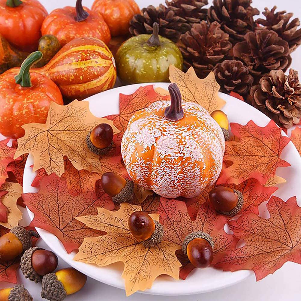 70Pcs Thanksgiving Decoration Set, Artificial Maple Leaves, Harvest Pumpkin, Small Acorns, Pine Cones and Gourds for Autumn, Fall and Halloween Home Party Decoration