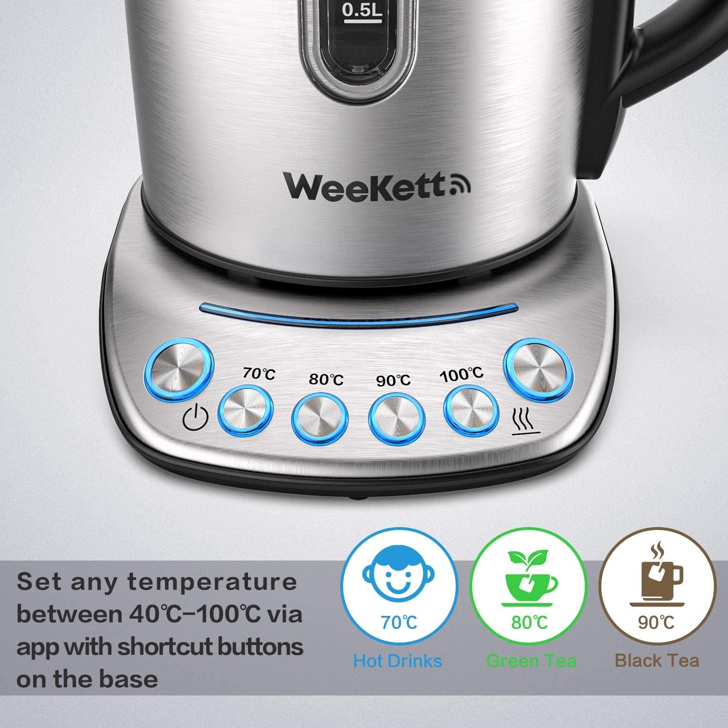 Smart Kettle by  - App Remote Control, Compatible with Alexa, Google Home and Siri | Digital Temperature Control 2200W with Keep Warm Function, Stainless Steel, 1.7L, Silver
