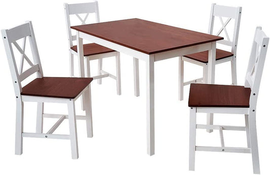 Solid Wood Pine Dining Table Set with 4Pcs X Shape Chairs Set Kitchen Room Furniture Set (X Shape White Brown)