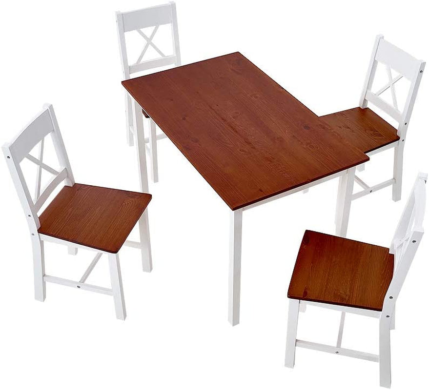 Solid Wood Pine Dining Table Set with 4Pcs X Shape Chairs Set Kitchen Room Furniture Set (X Shape White Brown)