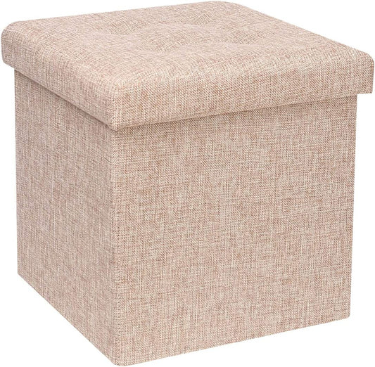 Small Foldable Ottoman with Storge,Footstool,Collapsible Linen Chest Cube Toy Box with Lid,Foot Rests for Living Room,Apricot,32X32X32Cm