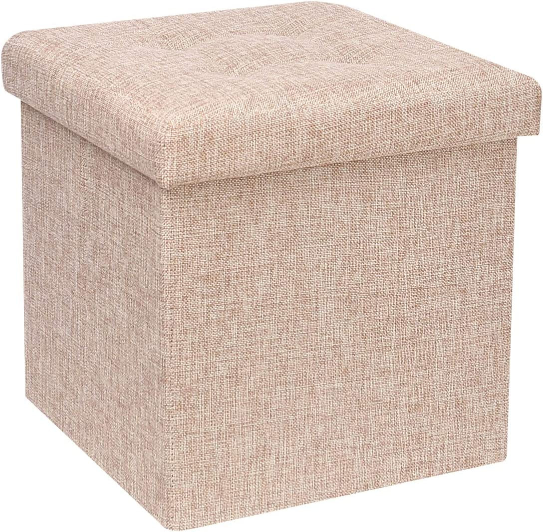 Small Foldable Ottoman with Storge,Footstool,Collapsible Linen Chest Cube Toy Box with Lid,Foot Rests for Living Room,Apricot,32X32X32Cm