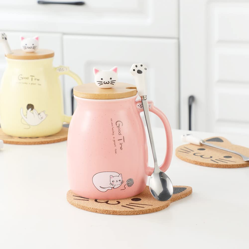 Cat Mug Cute Ceramic Coffee Cup with Lovely Kitty Lid Spoon,Morning Cup Tea Milk Christmas Mug 380ML