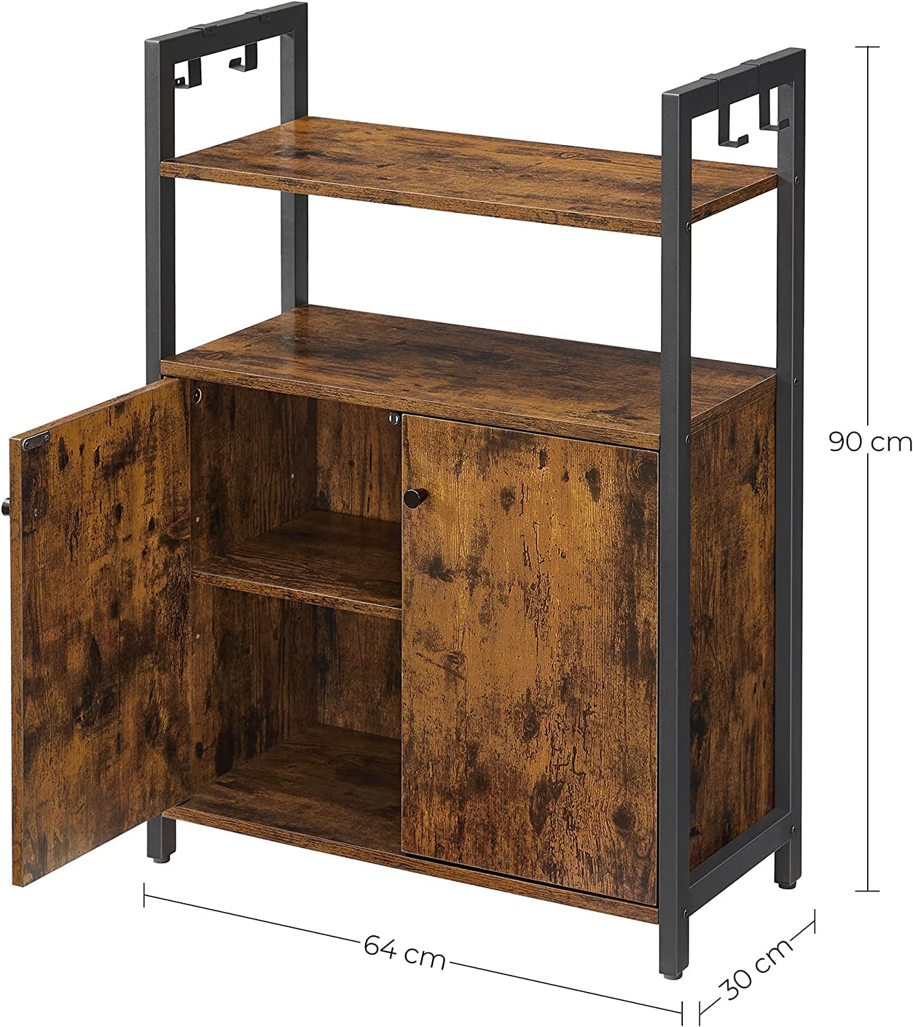 Storage Cabinet, Sideboard, Floor Standing Cabinet with Cupboard and Open Shelves, Steel Frame, for Dining Room Kitchen Living Room Entrance Bedroom, Rustic Brown and Black LSC602B01