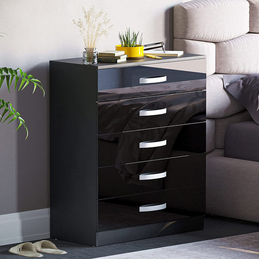 Amazon Brand -  Hulio High Gloss 5 Drawer Chest of Drawers, Black, 90 X 75 X 36 Cm